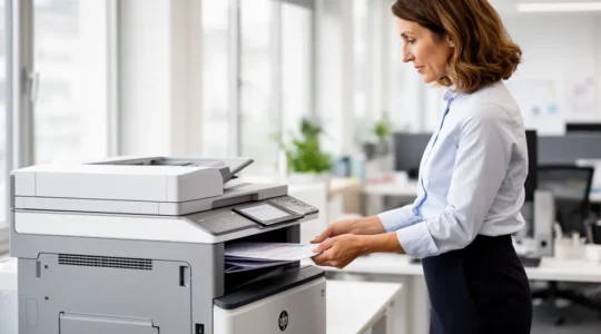 Collaboratrice récupérant documents sur imprimante laser couleur wifi dans bureau professionnel moderne