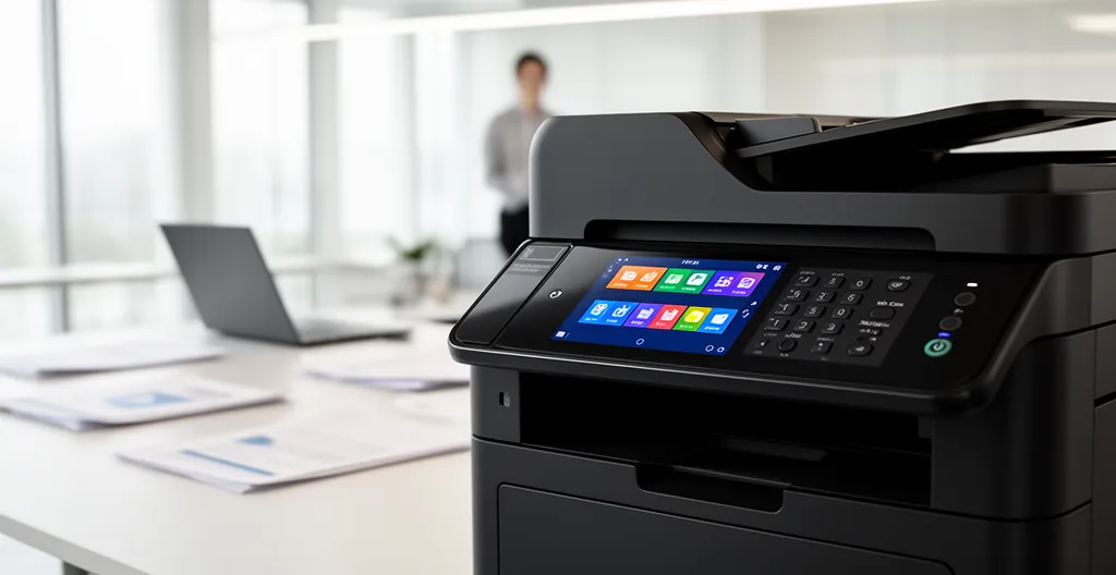 Imprimante multifonction laser couleur wifi avec écran tactile dans environnement bureau professionnel