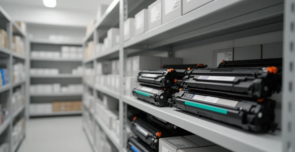 Toners et consommables imprimante laser rangés sur étagère dans local fournitures bureau